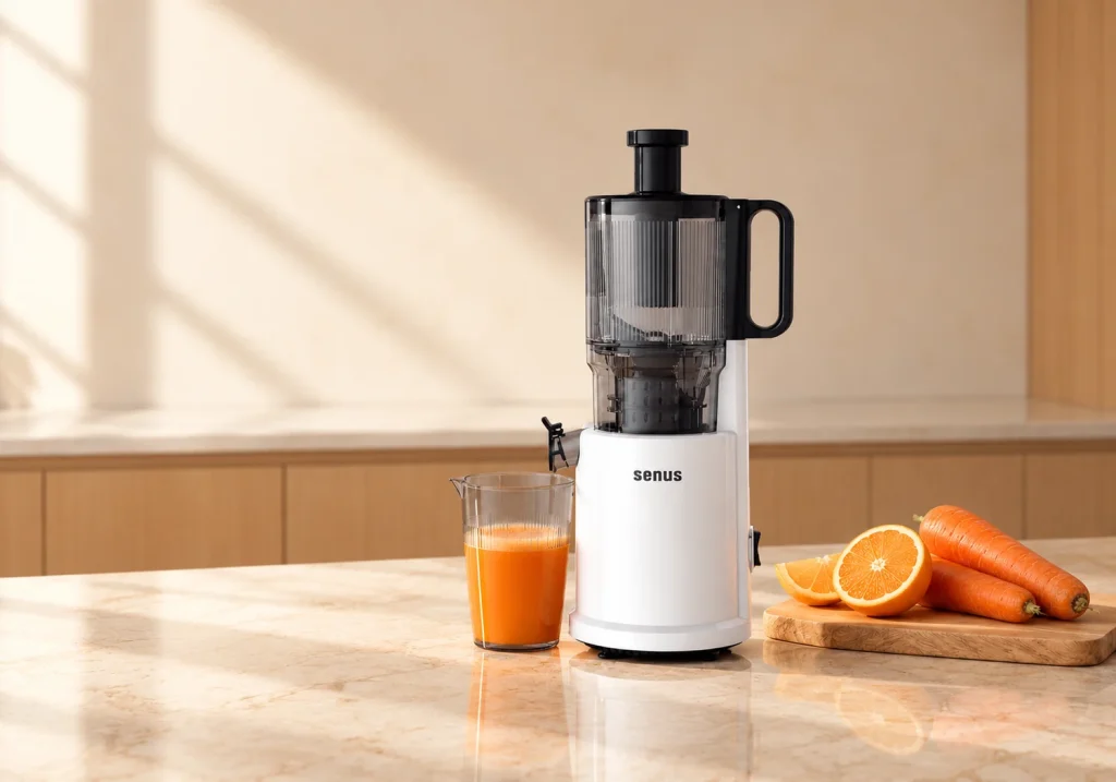 Senus Slow Juicer dengan jus wortel jeruk di dapur