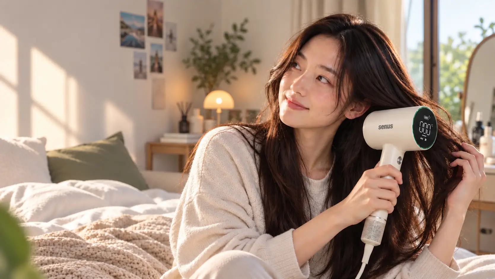 Wanita berambut panjang mengeringkan rambut dengan Senus Air Jet Pro Hairdryer di kamar