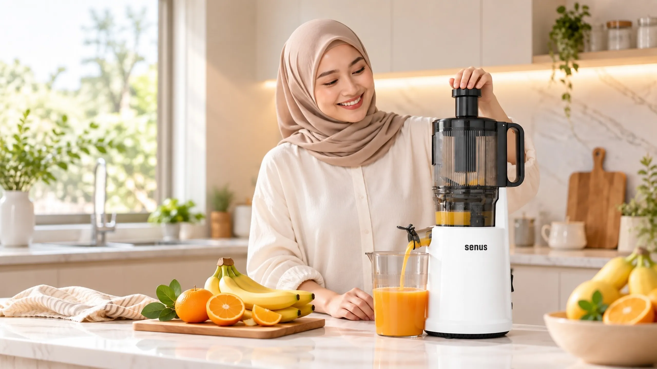 Wanita berhijab membuat jus dengan Senus Slow Juicer di dapur keluarga