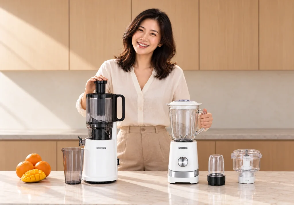 Perempuan dengan Senus Slow Juicer dan blender Senus di dapur